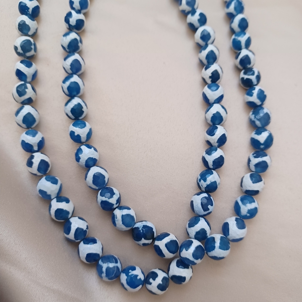 10mm/12 Blue And White Bulk Tibetan Dzi Beads Double Layered Neclace 925 Clasp